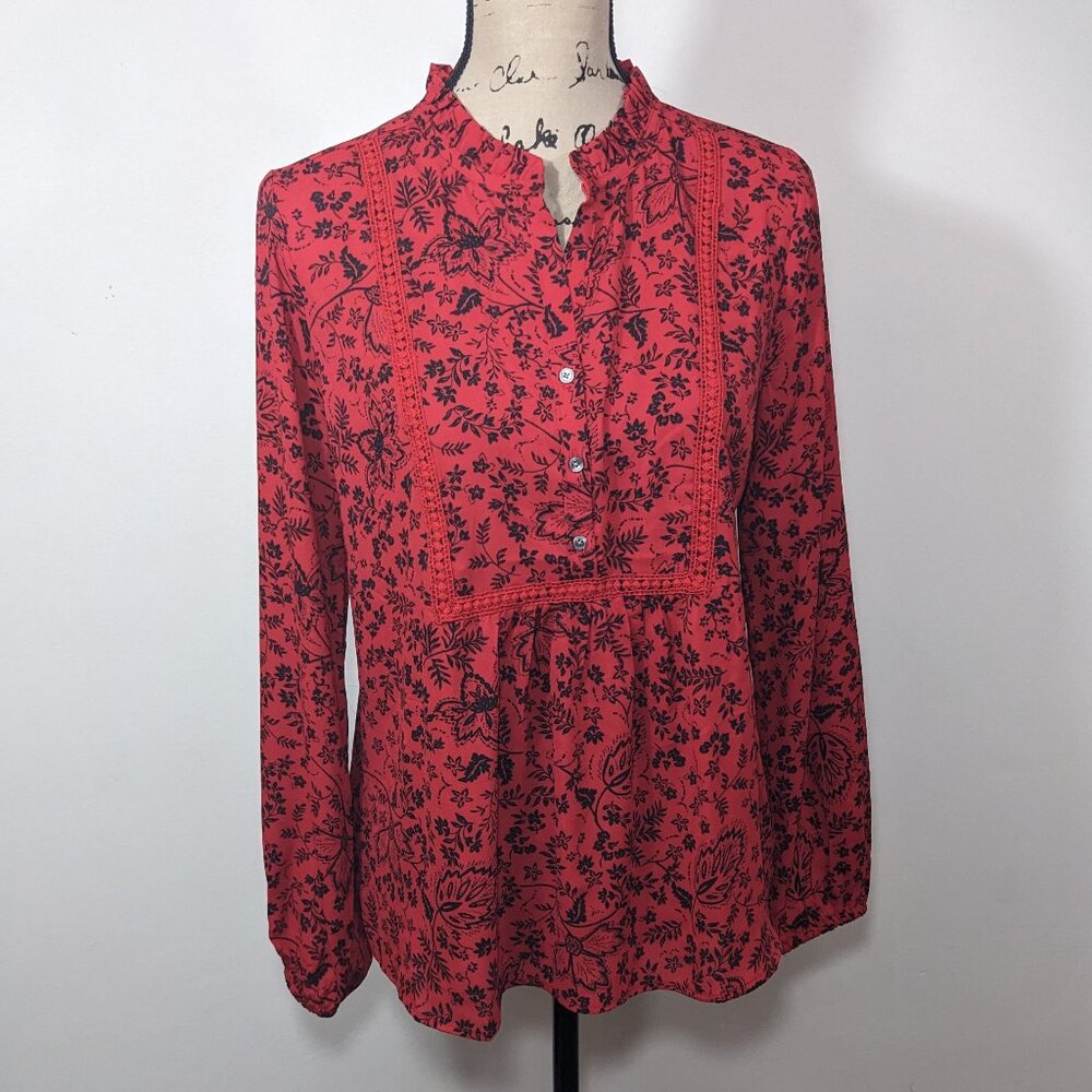 NWT Loft Red Blouse Floral Lace Trim Mixed Media Tunic Top Red Long Sleeve S